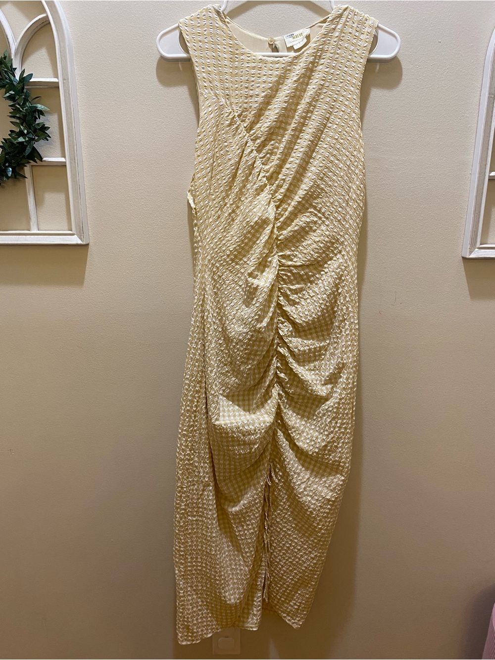 Anthropologie Cream Textured Ruched Maxi Dress with Gathered Front